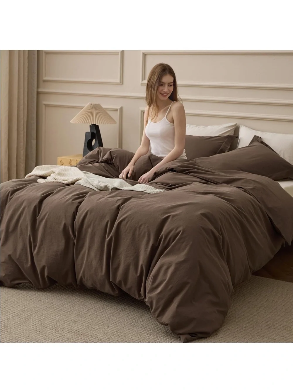NEW Bedsure 100% Washed Cotton Duvet Cover Set Oversized King - Brown Minimalist